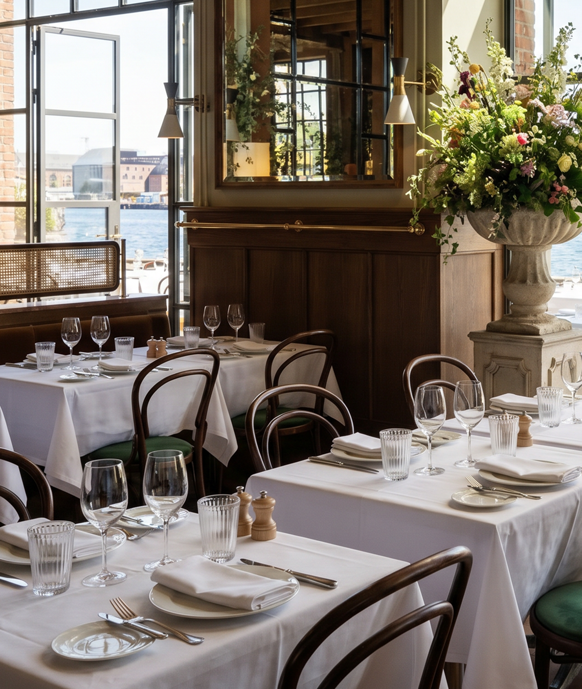 Papillote bistro interior with marble tables and woven chairs