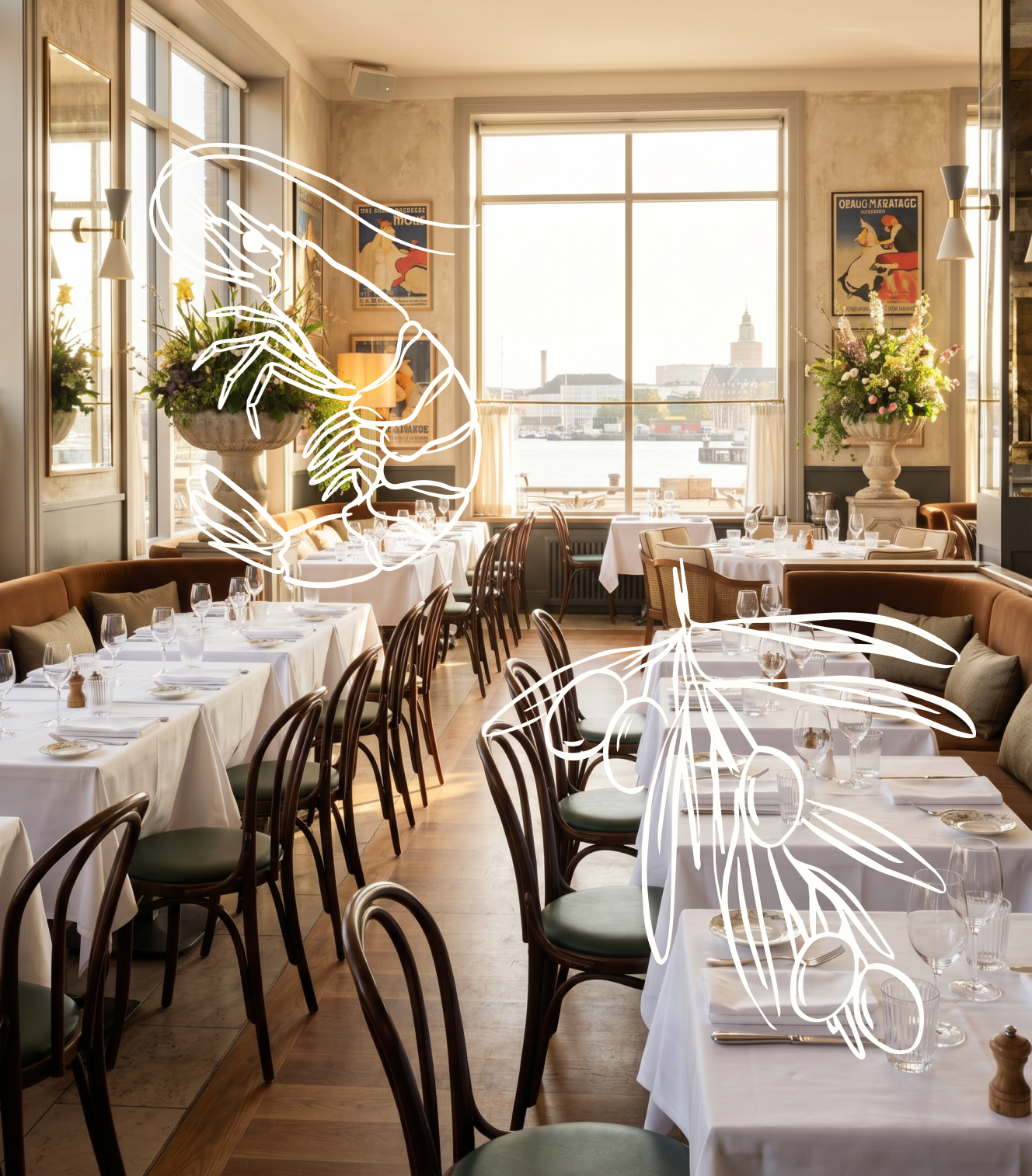 Papillote dining room at sunset with harbour view